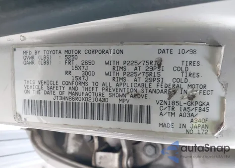 1999 Toyota 4Runner Sr5 V6 z USA, uszkodzony, nr VIN JT3HN86R0X0210430